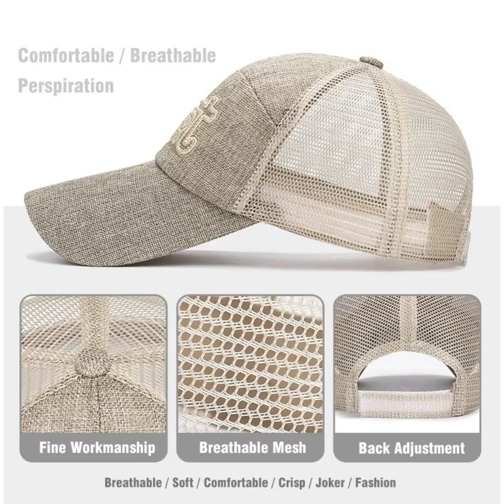 Casual Wide Brim Linen Mesh Baseball Cap Adjustable Breathable Sun Visor Hat Letter Embroidery Peaked Cap Summer