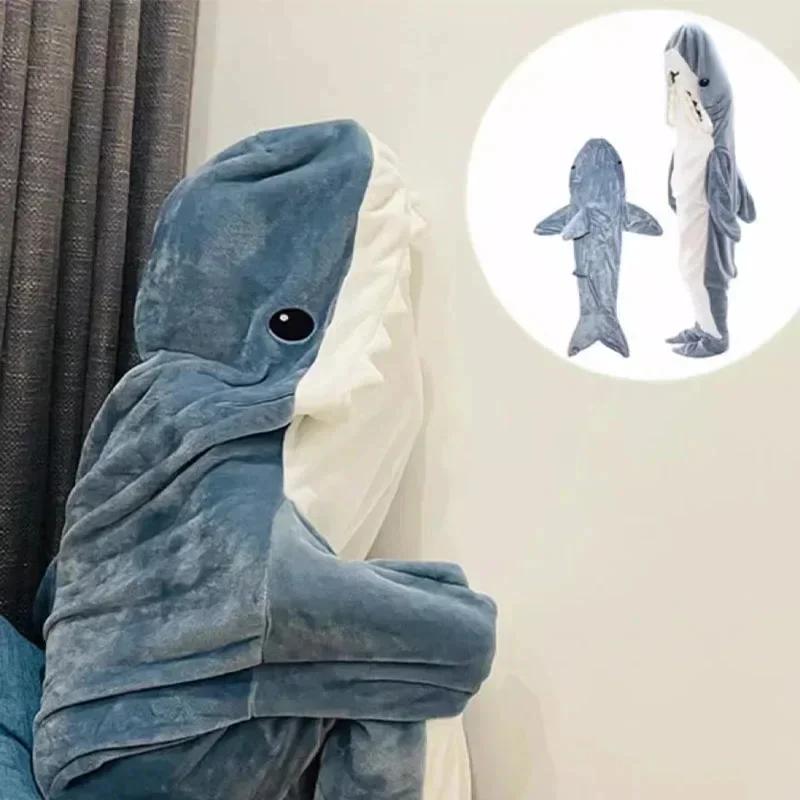 Cartoon Shark Blanket Hoodie Women Kigurumi Playsuit Kids Parents Hooded Warm Flannel Funny Homewear Shark Onesie Sleeping Bag