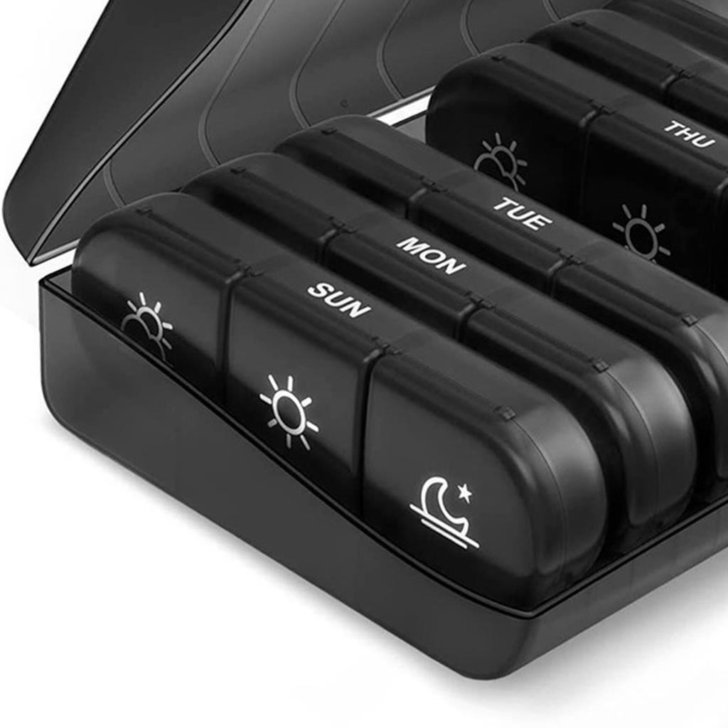Medicine Dispenser 7 Days 21 Compartments Portable Black Weekly Day and Night Box for Medicine Supplement