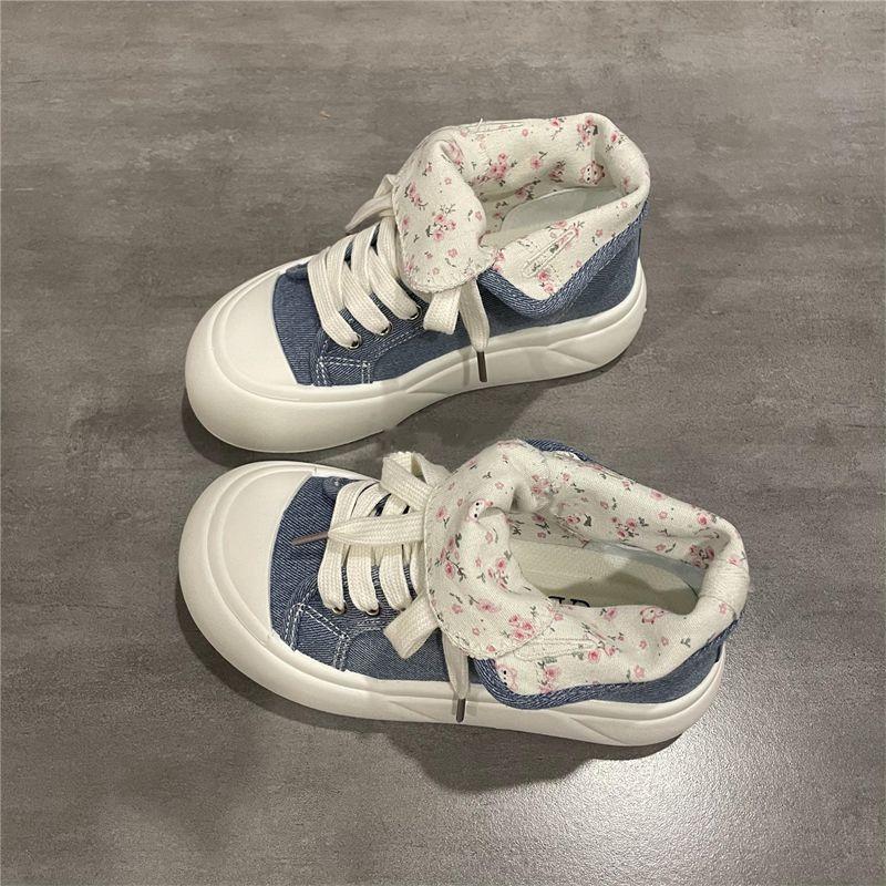 Xiaoxiangfeng Floral Canvas Shoes Women's High-top Shoes 2025 New Autumn Niche Thick-soled Round Head Board Shoes Ins Tide