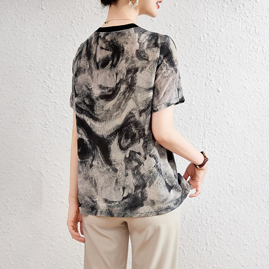 Ink Painting Silk Short-sleeved Women's Summer New Round Neck Mulberry Silk Temperament Top T-shirt