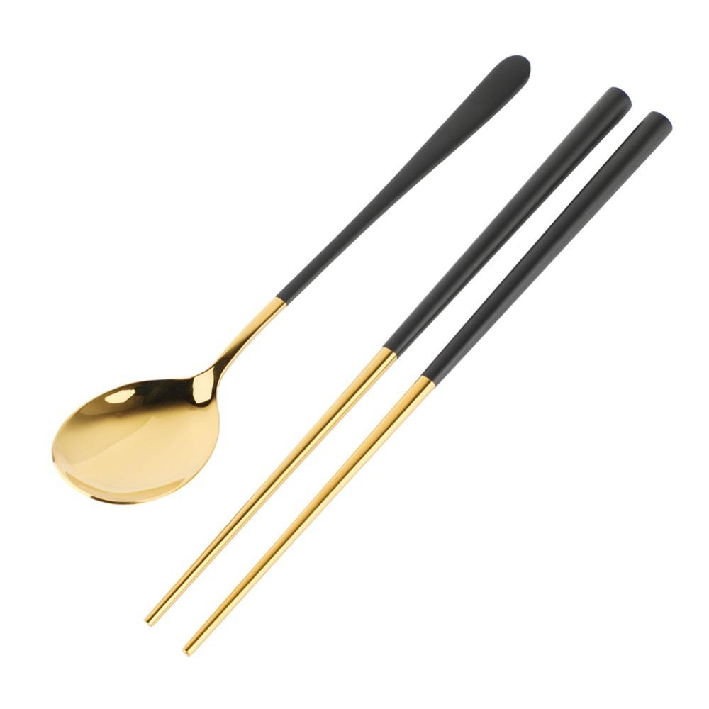 

Stainless Steel Mini Tableware With Storage Case Two Piece Set Spoon Fork Set Slim Portable Black and White Dining Utensil