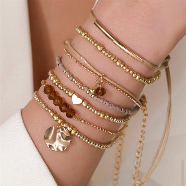 4 pièces/ensemble Bracelets Bohème Coquillage pour Femmes Style Ethnique Zircon Coloré Perles de Riz Chaîne Métallique Joncs Fille Été Bijoux de Plage