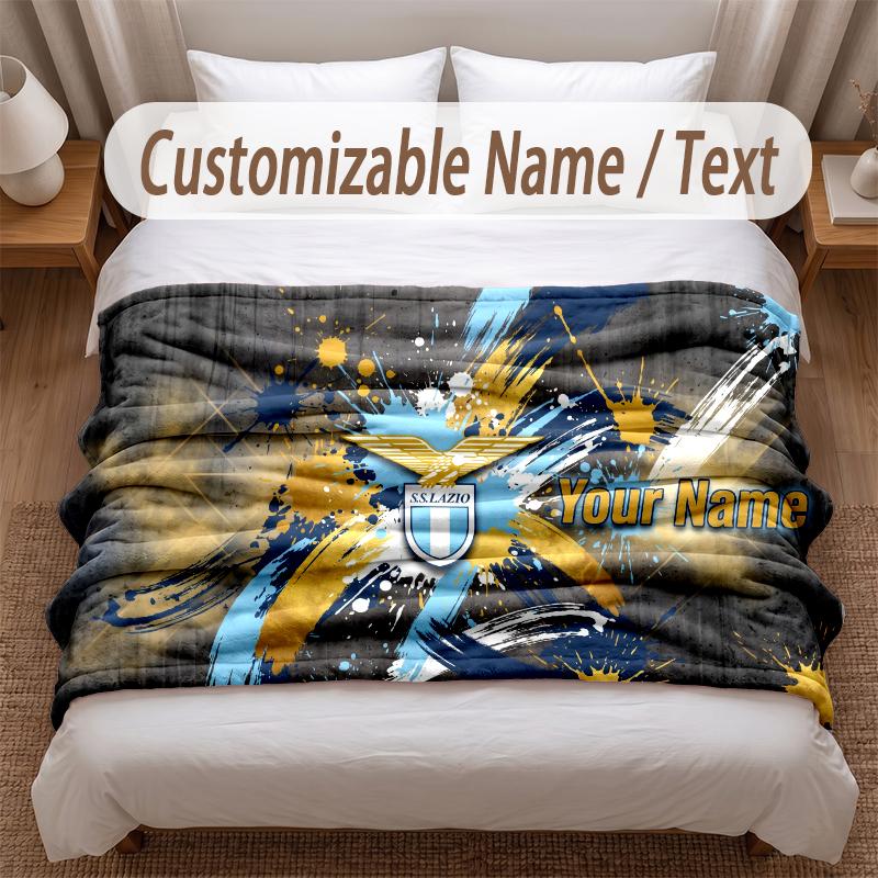 Lazio FC Printed Flannel Blanket Custom Name Text Soft Warm Throw For Bedroom Holiday Gift
