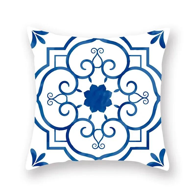Blue Mandala Persian Cushion Cover Polyester Geometric Pattern Pillowcase Decoration Sofa Bedroom Car Office Decoration Ornament
