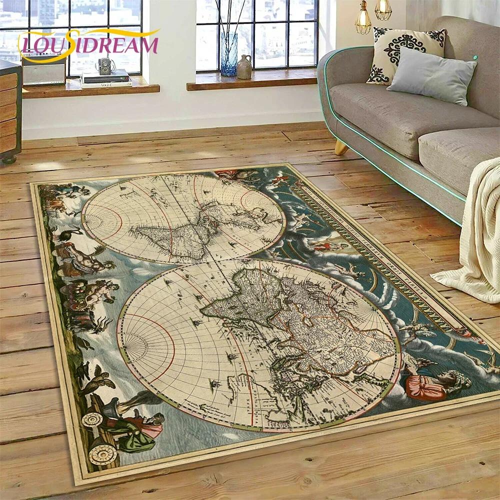 3D Oude Zeekaart Wereldkaart Kompas Tapijt Tapijt voor Slaapkamer Woonkamer Bank Decoratie, Kinderspel Grote Decoratieve Vloermat