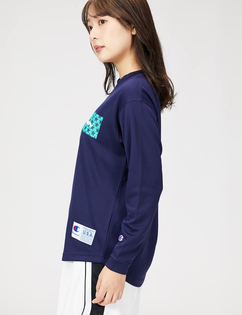 Champion Long Sleeve Round Script Size M Women's T-Shirt, Neck, Warm, Logo, Navy, (CW-WB454)