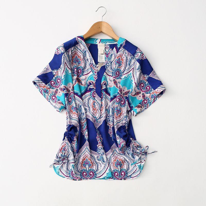 Export Export Ethnic Print Crimp Stylish V Neck Short Sleeve Satin Chiffon Shirt Pure Color Acetate Tops