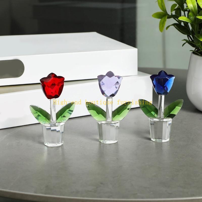  Crystal Glass Tulips Flower Miniature Sculpture Ornament for Valentines Gift