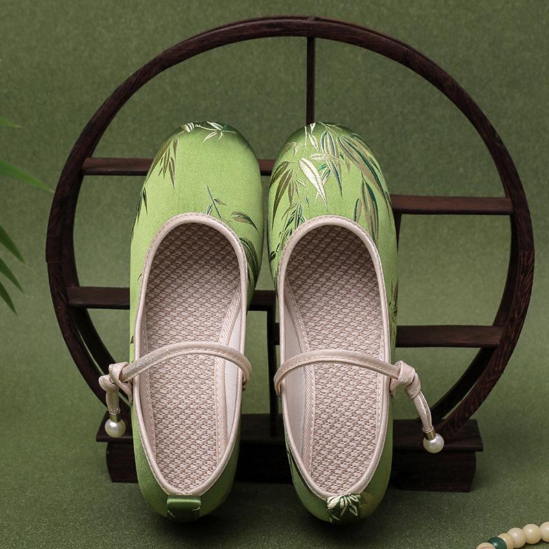 Women's Chinese Style Qipao Cloth Shoes – Round Toe, Low-Cut, Mid-Heel Dance Wedges