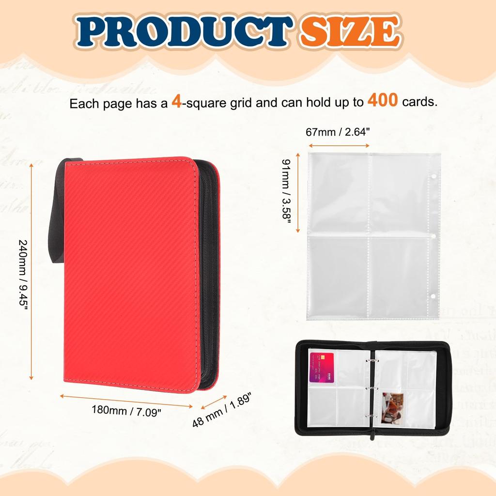 uxcell Trading Card Holds 400 Top Loader Lightweight PU Collection Card Album Fits x Hard for Sports Cards 4-Pocket Binder, Cards, Compatible, Cover,