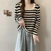 Women's Fungus Striped Long Sleeve T-Shirt  Loose Belly Covering Square Neck Top Versatile