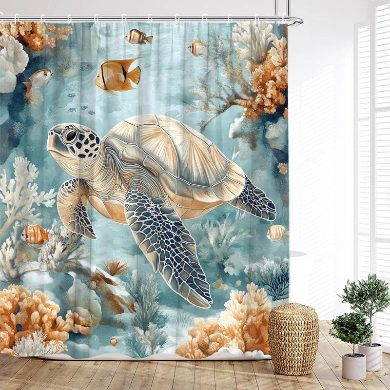 Beach Floral Conch Shower Curtains Watercolour Roses Flowers Starfish Seashells Ocean Waves Scenery Cloth Bathroom Curtain Decor