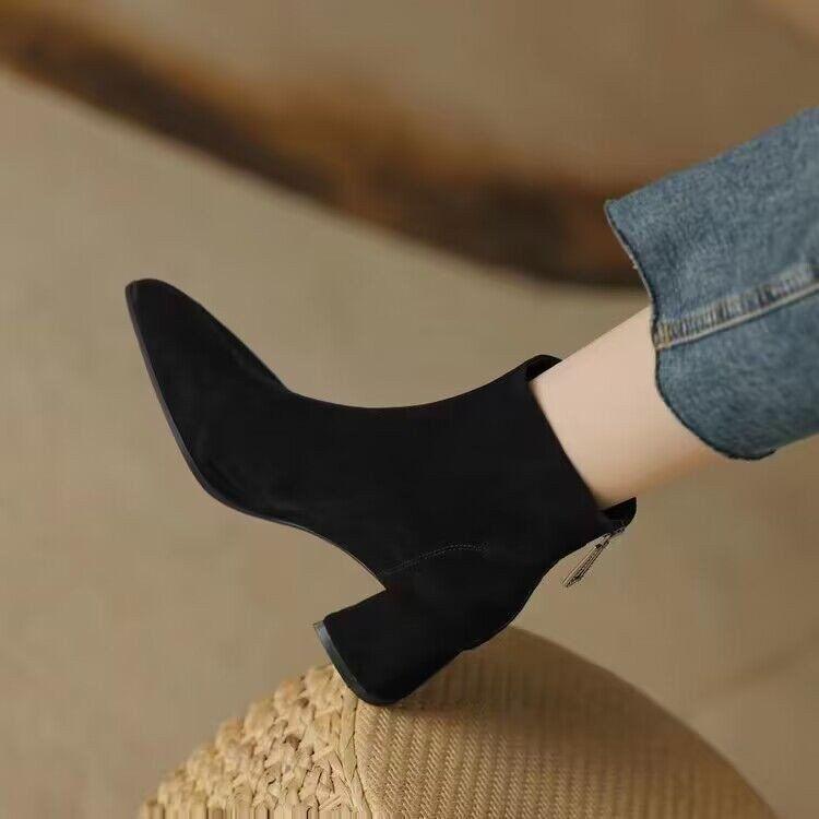 Short Boots Women's Thick Heel 2025 Autumn New Pointed High Heel Ankle Boots Black Velvet Frosted Leather Medium Heel Bare Boots