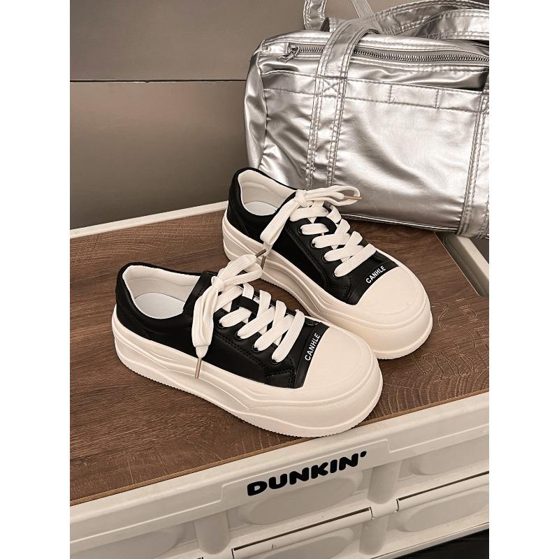 Leather thick-soled casual little white shoes women's spring new round head lace-up versatile soft-soled heightening board shoes