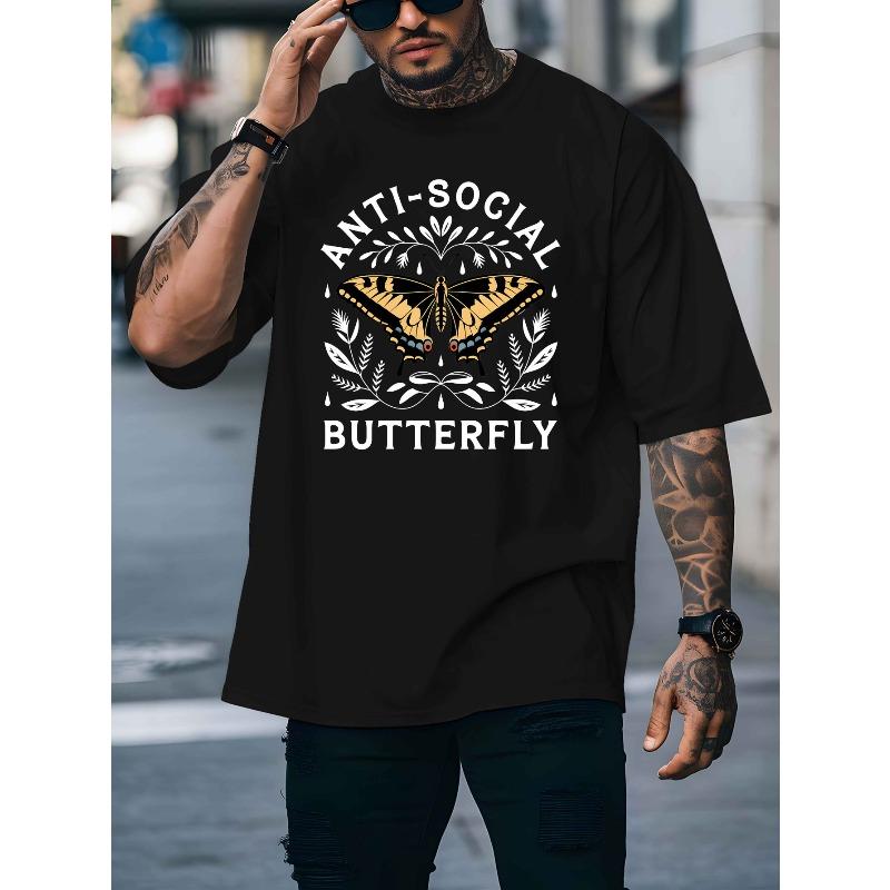 

European Size Men S Casual Crew Neck T-Shirt, Unsociable Butterfly Print, Short Sleeve, Regular Fit, Breathable Knit Fabric, Summer Fashion Top 4XL чорний