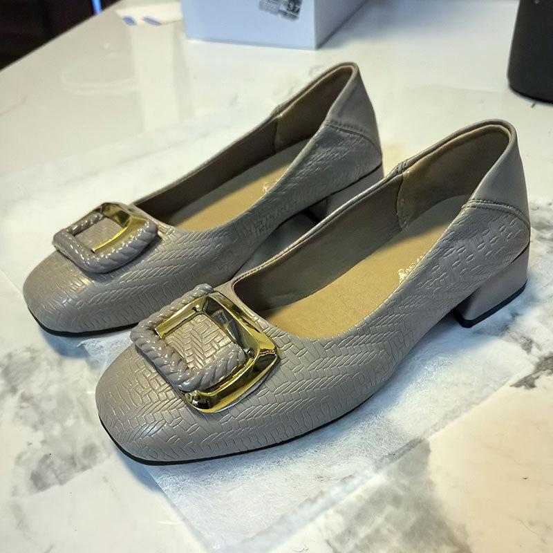 Square Buckle Temperament Single Shoes Women's Autumn New Shallow Mouth Square Head Soft Sole Women's Shoes Gentle French Low Heels