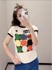 Women's Geometric Color-Block Short-Sleeve T-Shirt - Round Neck, Casual Summer Top with Trendy Letter Design