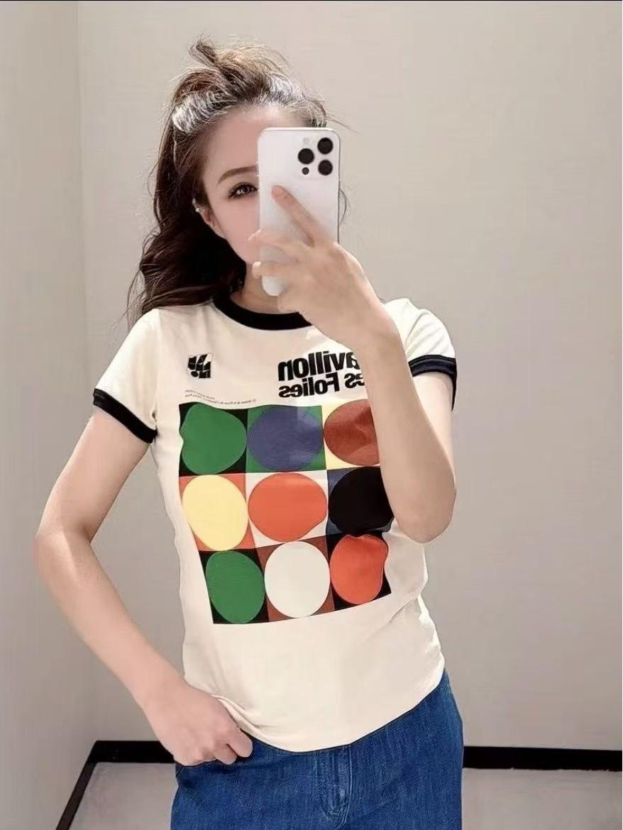 Women s Geometric Color-Block Short-Sleeve T-Shirt - Round Neck, Casual Summer Top with Trendy Letter Design Large белый