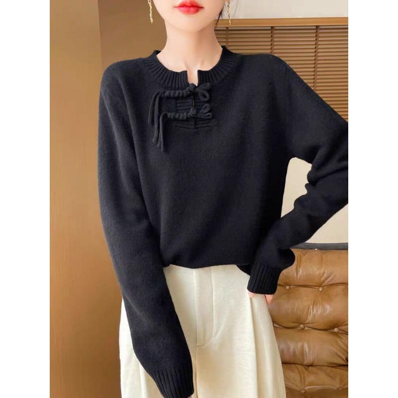 New Chinese Style Autumn and Winter New Women's Half-open Collar Loose Pullover Knitted Sweater Velvet