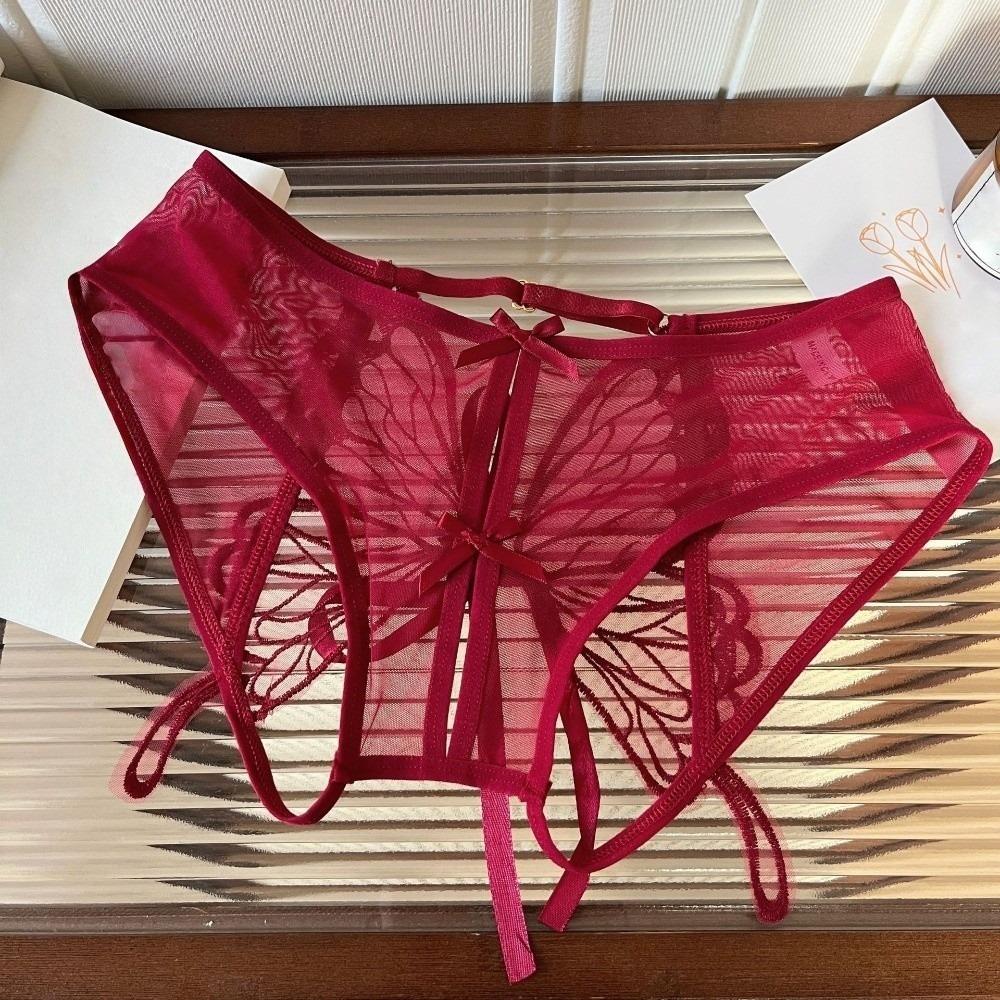 Sheer Mesh Ribbon Bow Briefs Embroidery Butterfly Panties Fashion Open Crotch Briefs Ladies Girls