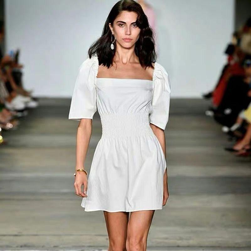 

European and American-Style Square Collar Temperament Waist-Controlled Fairy Short Dress Square collar waist A- shaped white Dress L