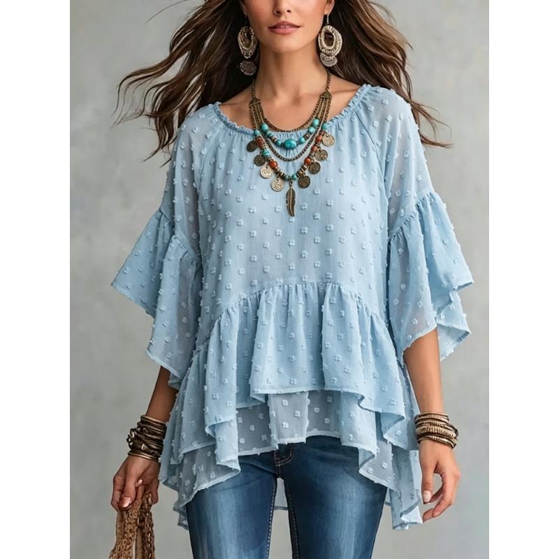 Women S Bohemian Style Chiffon Shirt Loose Round Neck Flared Sleeve Irregular Hem Top
