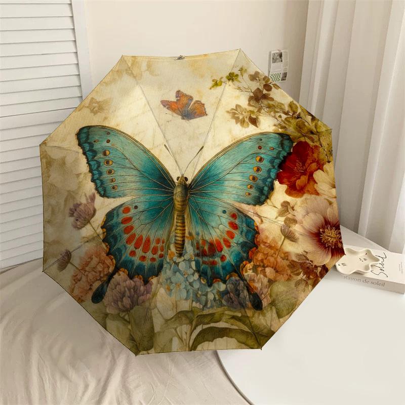 1pc Butterfly Flowers Automatic Folding Umbrella, Heavy Duty 8 Rib Iron Frame,  Suitable for Travel, Daily Use, Birthday, Decor Gift m0104088