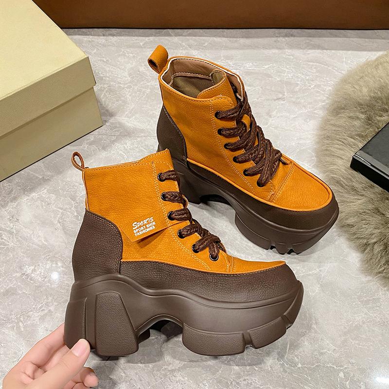 Retro Women's Sneakers High Quality Leather Platform Lace Up Round Head Mixed Colors High-top Increase Height Wedges Sport Shoes