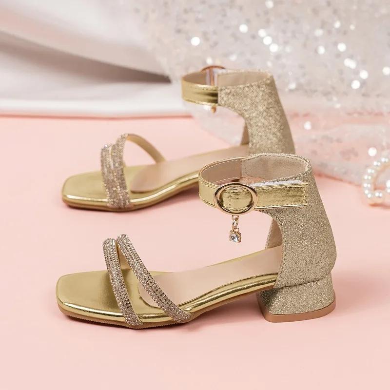 Children Summer Sequins High Heels Sandals Non-slip New Gold Princess Causal Girls Open-toe Sandals Fashion Kids Sandals