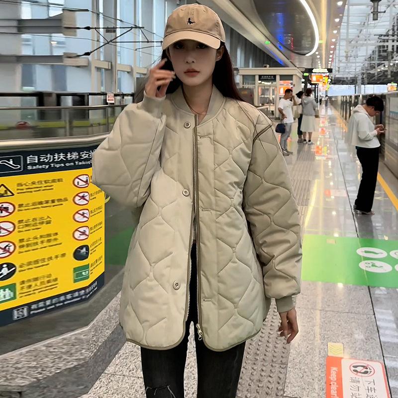 Lazy wind rhombus cotton clothes women's autumn and winter design sense small man padded cotton loose and thin cotton coat