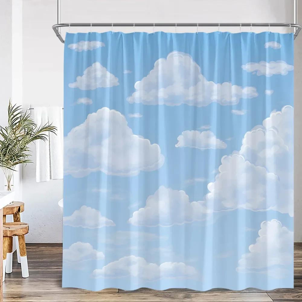 Blue sky natural shower curtain white clouds bathroom decorative shower curtain with hook polyester home decoration bathtub