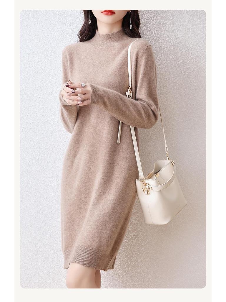 Women's 100% Wool Knit Dress - Autumn/Winter Semi-High Neck Casual Versatile Style
