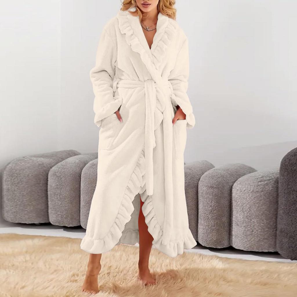 Women's Long Warm Nightgown Home Wear Solid Color Thick Bathrobe Close Fitting Pajamas