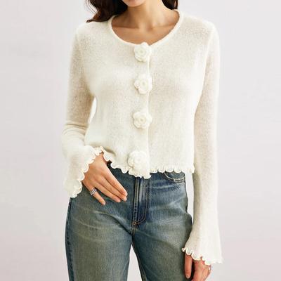 Γυναικείο Μοντέρνο Casual Πλεκτό Πουλόβερ Μακρυμάνικο Μονόχρωμο Τρισδιάστατο Λουλούδι Εφαρμοστό Ριγέ Στρίφωμα