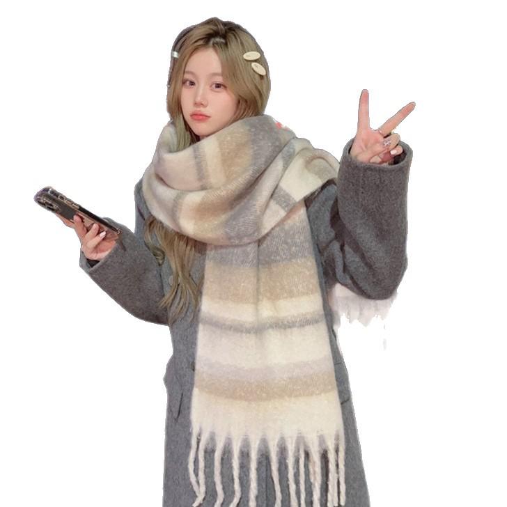 Korean Style Women's Winter Mohair Scarf - Versatile Khaki Plush Neck Warmer