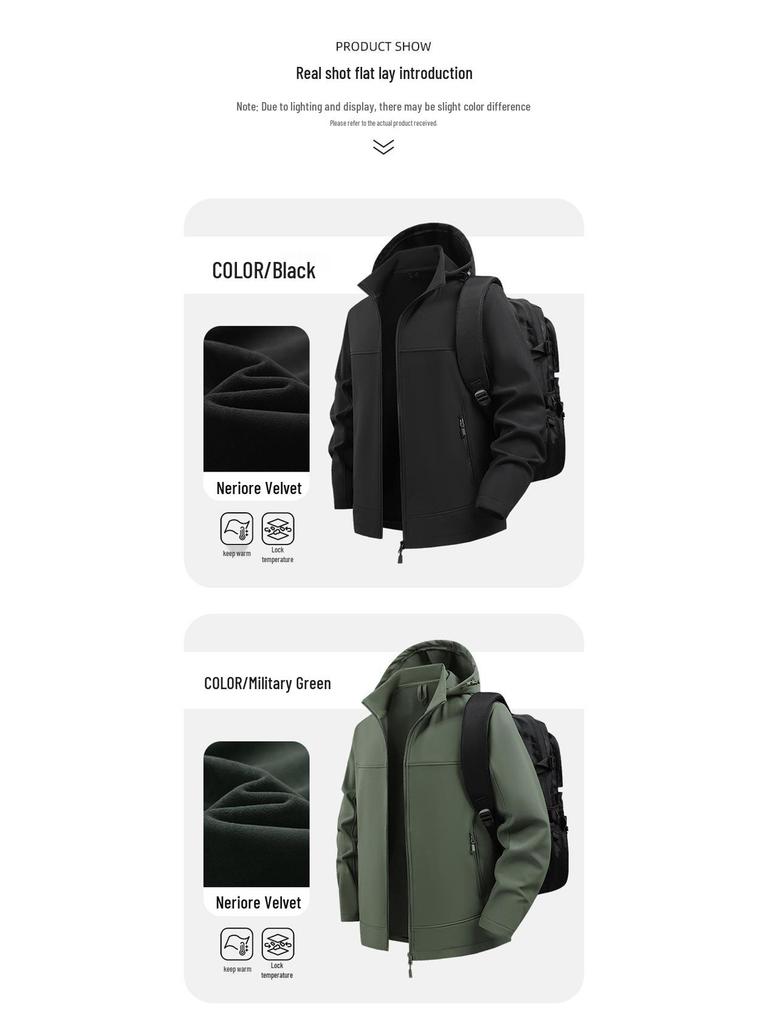Men's 2025 Three-Proof Fleece-Lined Softshell Jacket with Detachable Hood - Windproof & Waterproof.