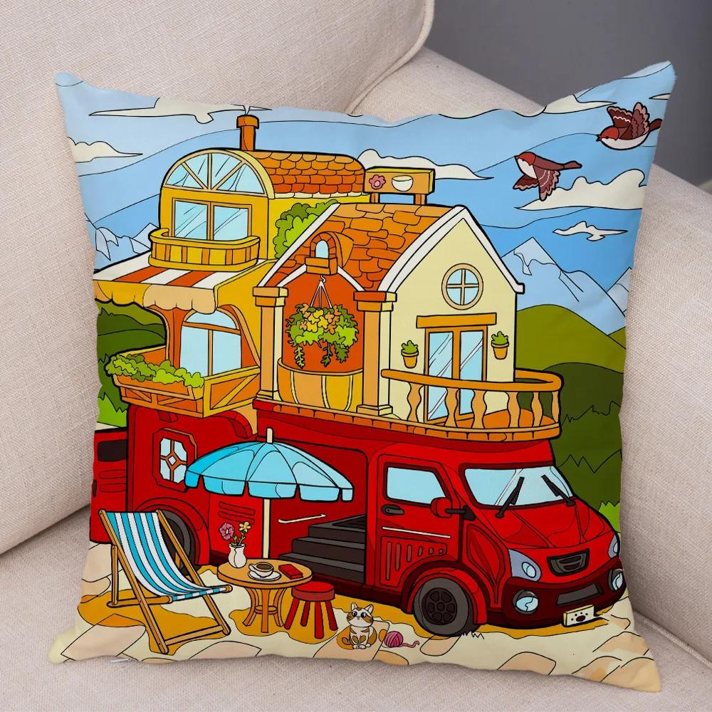 Both Sides Pillow Case Decor Happy Camper Cartoon House Travel Car Cushion Cover for Sofa Home Super Soft Plush Pillowcase