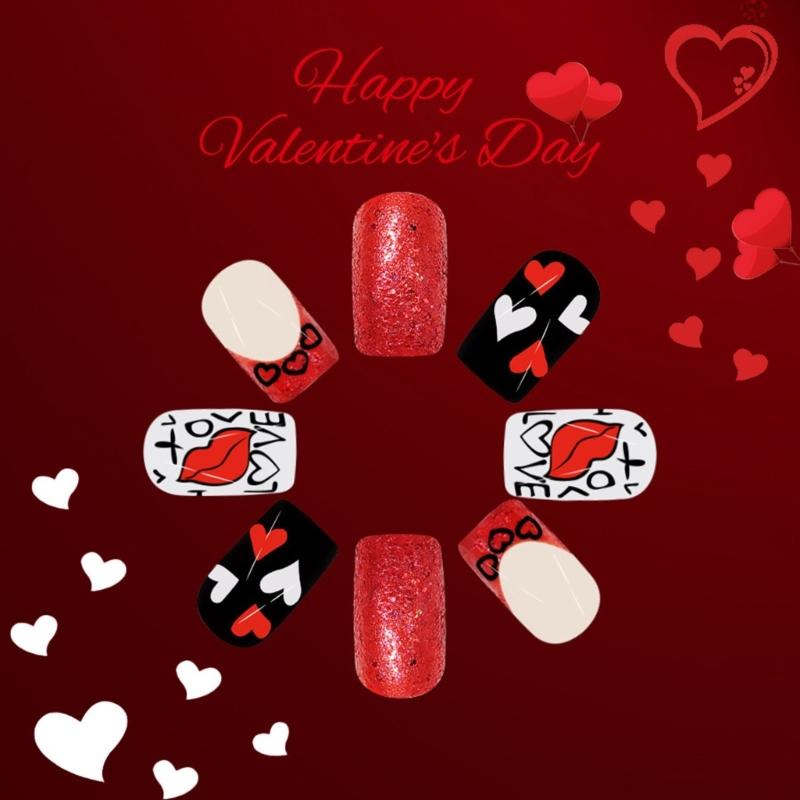 Valentine Press on Nail Square Fake Nail Glossy Design False Nail Full Cover Artificial Acrylic Nail 24pcs 12Sizes