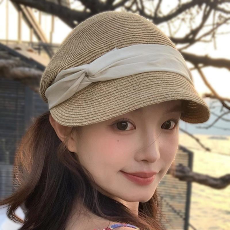 Spring and summer new French straw large brim sunscreen hat women's small face travel vacation visor