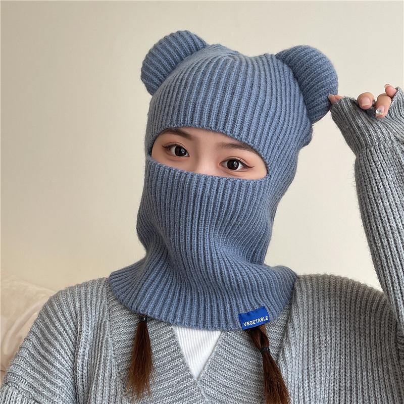 Cappello Pullover di Lana Autunno e Inverno Bambini Orecchie d'Orso Cappello Termico a Maglia Copricapo Antivento per Equitazione all'Aperto Sciarpa Integrata