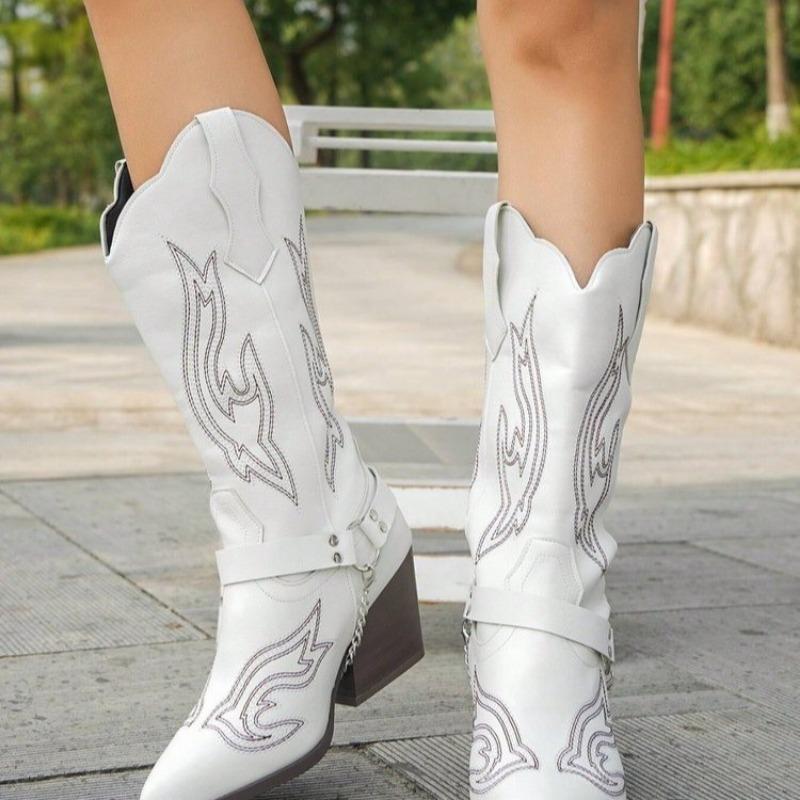 Retro Embroidered Large Size Western Cowboy Boots Autumn and Winter Thick Heel High Heel Small Square Head Medium Tube Knight Martin Boots