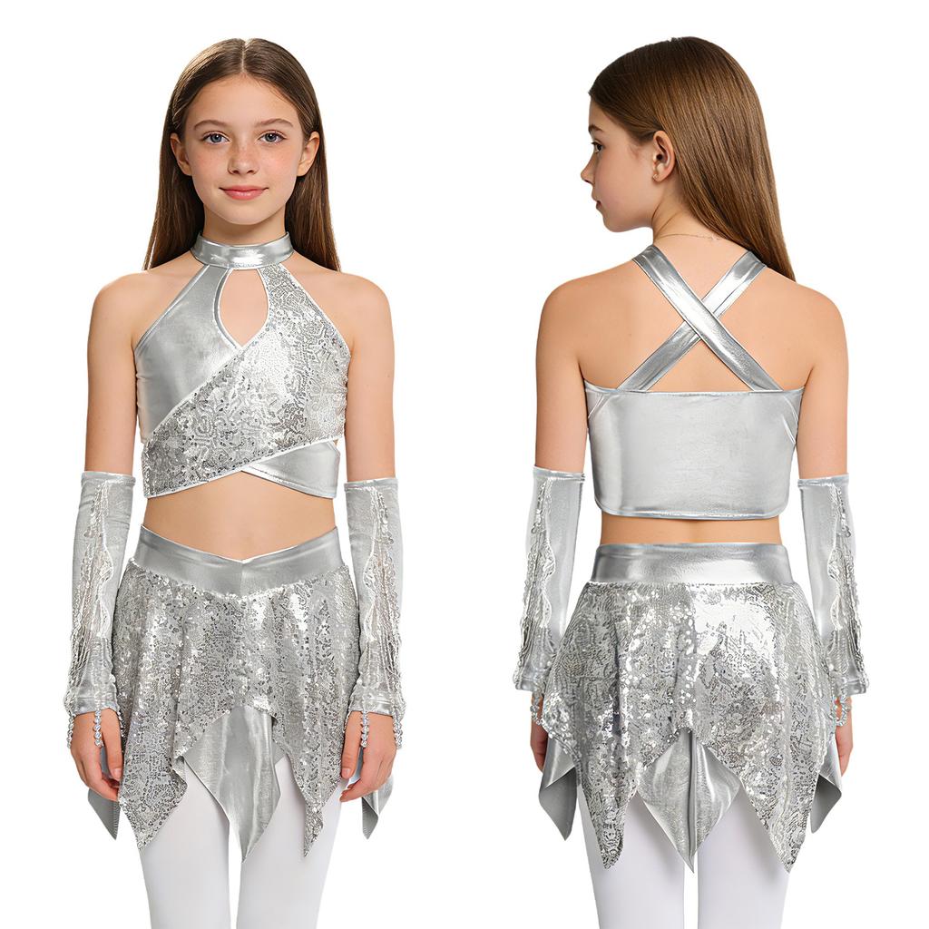 Dívčí jazzový taneční představení set: Crop top s kovovým leskem, zdobený flitry, s výstřihem ve tvaru křížové klíčové dírky, doplněný asymetrickou sukní a rukavicemi s flitrovanými třásněmi