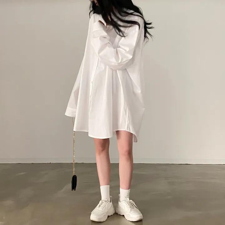 Übergröße Koreanischer Stil Blau Langarm Hemdkleid für Damen - Frühling/Herbst 2025