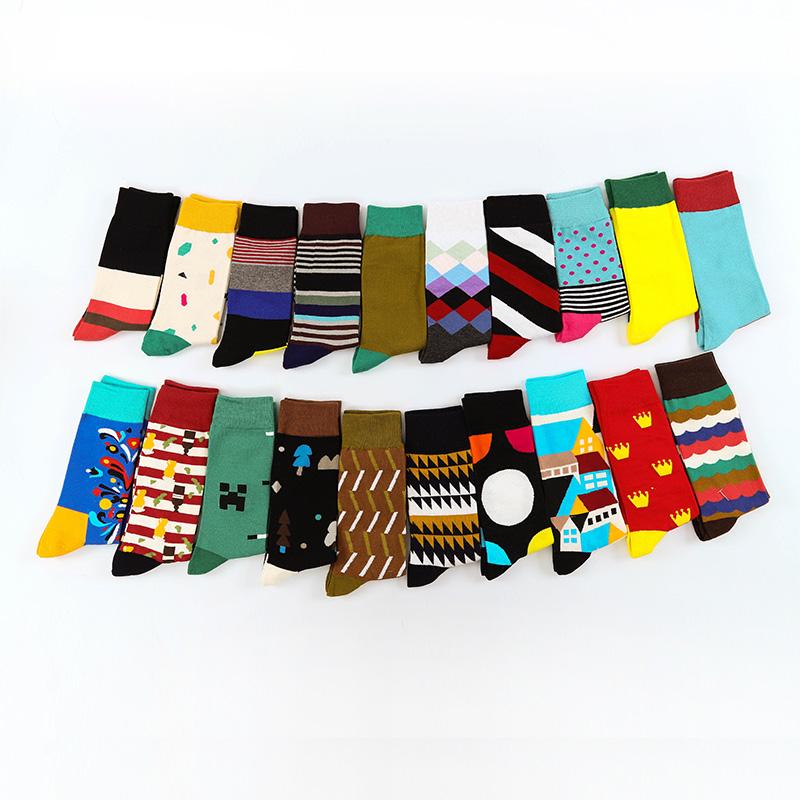 Fashion Colorful Brand Men Socks 20 Colors Striped Plaid Diamond Socks Men Cotton Casual Crew Socks