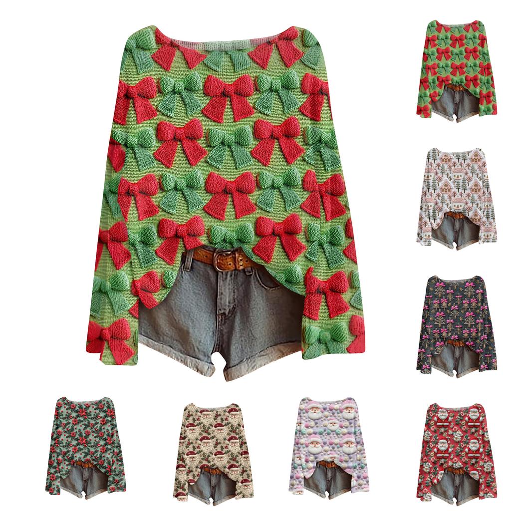 Ladies' Fashionable Casual Long Sleeved Christmas Printed Round Neck Knitted Yarn