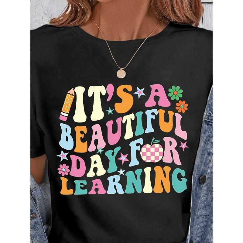 Womens Back To School Printed Round Neck Casual Short Sleeve T Shirt
