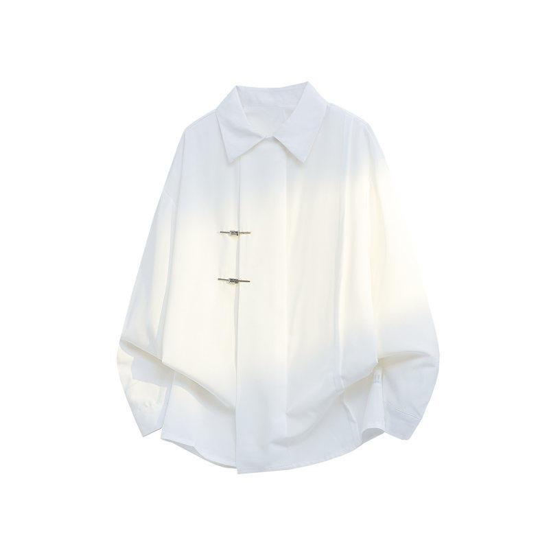 Women's White Chinese Style Frog Button Oversized Shirt Long Sleeve Loose Casual Blouse Retro Minimalist Top