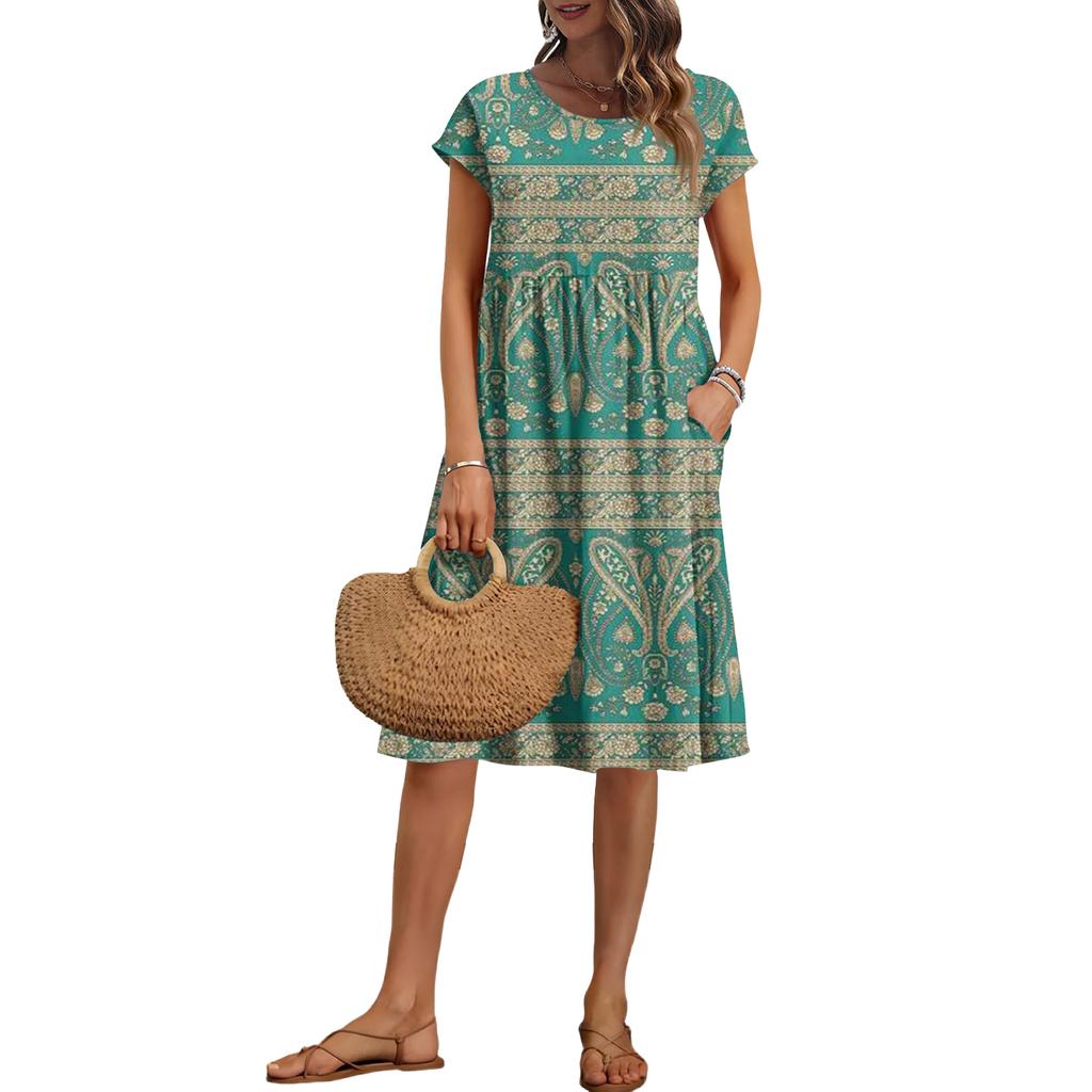 Women's Summer Fashion Casual Round Neck Short Sleeve Vintage Print Dress