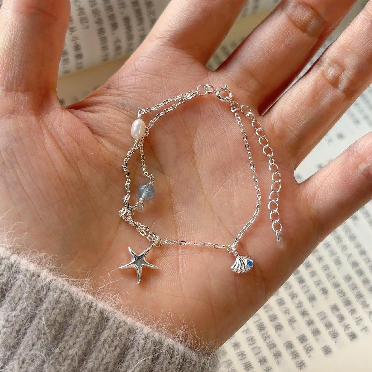 

Браслет с аквамариновым жемчугом: Корейский Минимализм Стерлинговое Серебро, Ручная Работа Дизайн с Бусинами, Универсальная Мода для Женщин.